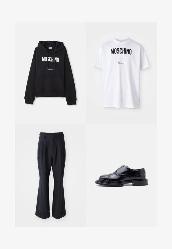 Hoodie noir en tissu mélangé coton, doté d'une poche kangourou, d'une capuche avec cordon de serrage, et d'un imprimé blanc "MOSCHINO Milano" à l'avant.; T-shirt en coton blanc avec un grand texte noir "MOSCHINO" au-dessus d'un texte plus petit "Milano". Encolure classique et manches courtes.; Pantalons noirs ajustés avec une coupe décontractée, devant plissé et jambes larges. Caractéristiques d'un ourlet à retournement et d'une texture de tissu lisse.; Chaussure habillée à brogue en cuir noir poli avec perforations style wingtip et talon empilé, présentée en profil latéral sur fond blanc.