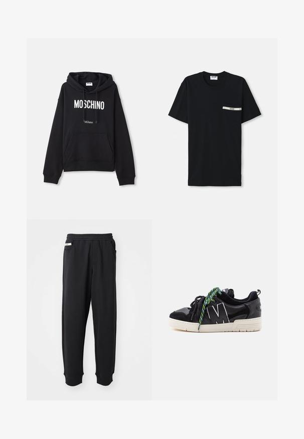 Sudadera negra hecha de una mezcla de algodón, con un bolsillo tipo canguro, capucha con cordones y estampado en blanco "MOSCHINO Milano" en la parte delantera.; Camiseta de algodón negra de manga corta, con cuello redondo y un bolsillo en el lado izquierdo que presenta una raya blanca y un detalle de logo.; Pantalones de chándal negros de tela suave, con cinturilla elástica, bolsillos laterales y puños acanalados en los tobillos. Diseño minimalista.; Zapatilla negra de corte bajo con suela blanca, gran "M" delineada en blanco en el lateral y cordones desiguales con patrones en negro y verde.