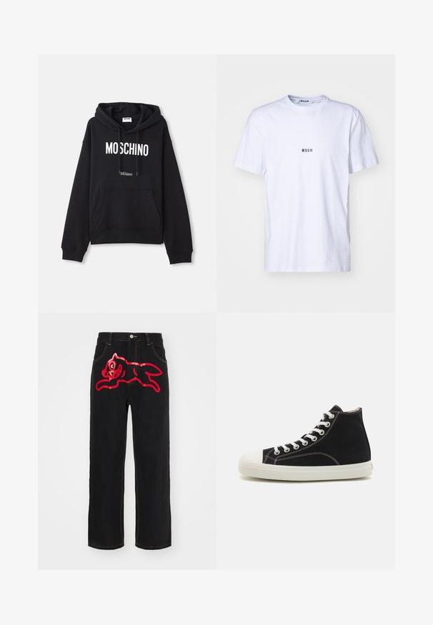 Zwarte hoodie van een katoenmix, met een kangoeroe-pocket, een capuchon met trekkoord en een witte print van "MOSCHINO Milano" op de voorkant.; Witte katoenen T-shirt met een ronde halslijn, korte mouwen en een klein zwart 'MSGM'-logo op de voorkant. Glad van structuur.; Zwarte denim spijkerbroek met een grote rode afbeelding van een springende kat op de achterzak, met contrasterende gele stiksels langs de naden.; Zwarte hoge sneakers van canvas met een witte rubberen zool en neus. Voorzien van witte veters en contrasterende stikdetails.