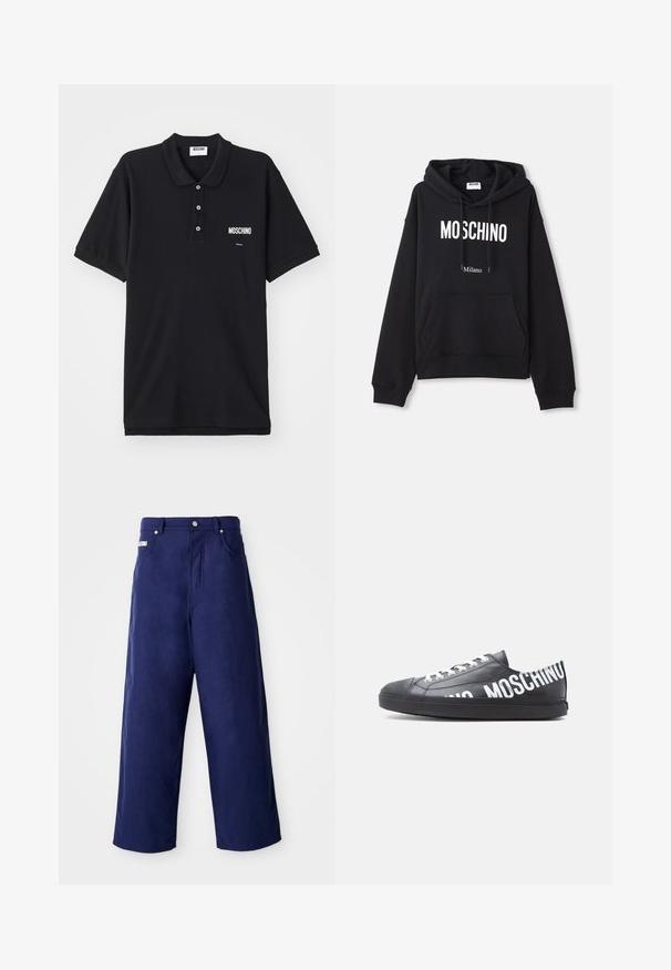 Must must kootesegust koosneb puuvilla segust, esiosas on kangaroopocket, kuppel, millel on pael ja valge "MOSCHINO Milano" trükk.; Mustmust või särk mustast puuvillast, millel on klassikaline krae, kolm nuppu ja valge Moschino logo vasakul rinnaosas.; Tumesärgid sinises värvitoonis, valmistatud pehmest kangast. Omavad nööpide sulgemist ja ees olevaid taskuid, puhas viimistlus ja ei ole nähtavaid mustreid.; Mustad madala otsaga toss, valgete paeltega ja külje ning kanna ääres suurelt valgete tähtedega print "MOSCHINO".