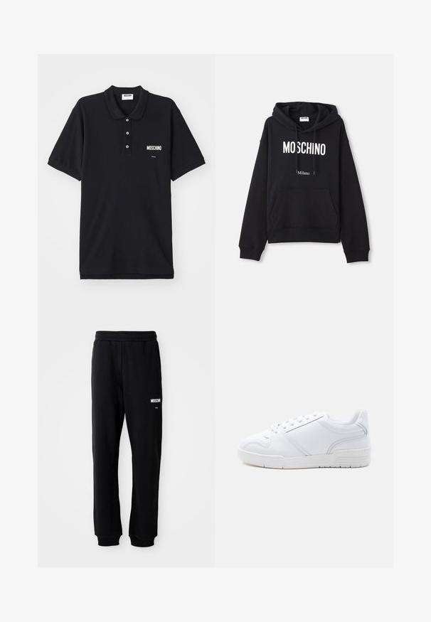 Čierna mikina s kapucňou vyrobená z kombinácie bavlny, s klokanieškovým vreckom, sťahovacou kapucňou a bielym potlačením "MOSCHINO Milano" na prednej strane.; Čierna polo košeľa vyrobená z bavlny, so klasickým golierom, tromi gombíkmi a bielym logom Moschino na ľavej strane hrude.; Čierne tepláky s relaxed fit strihom, vyrobené z mäkkého materiálu. Majú elastický pás a biele logo "Moschino" na ľavom stehne.; Biela nízka teniska so šnurovaním, hladkým syntetickým zvrškom a vzorovanou gumovou podrážkou na jednoduchom svetlom pozadí.