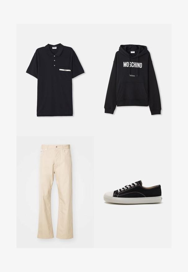 Sort hættebluse lavet af en bomuldsblandingsstof, med lomme foran, snørret hætte og hvid "MOSCHINO Milano" tryk på forsiden.; Sorte polo shirt lavet af bomuld med en tre-knaps knaplukning, korte ærmer og en brystlomme med en sølvfarvet detalje og et label.; Beige bukser lavet af bomuld, med en lige ben-edesign, to frontlommer, bæltestropper og metalknaplukning.; Sort kanvas sneakers med hvid gummi tå og sål, der har hvide snørebånd og kontrasterende syninger. Lavprofil design.