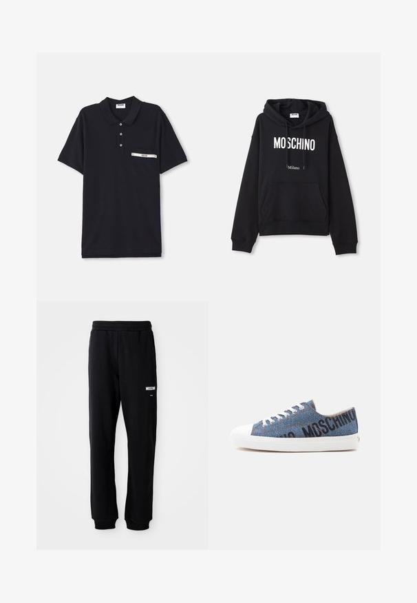 Sort hættebluse lavet af en bomuldsblandingsstof, med lomme foran, snørret hætte og hvid "MOSCHINO Milano" tryk på forsiden.; Sorte polo shirt lavet af bomuld med en tre-knaps knaplukning, korte ærmer og en brystlomme med en sølvfarvet detalje og et label.; Sorte sweatpants med en afslappet pasform, lavet af blødt stof. Har en elastisk talje og hvidt "Moschino" logo på venstre lår.; Lavtop denim sneaker med hvid gummisål og snørebånd, med sort "MOSCHINO" tekst på siden.