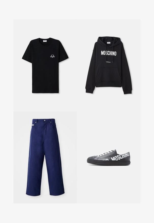 Zwarte hoodie van een katoenmix, met een kangoeroe-pocket, een capuchon met trekkoord en een witte print van "MOSCHINO Milano" op de voorkant.; Zwart katoenen t-shirt met een ronde halslijn. Voorzien van een klein wit grafisch ontwerp op de borst. Korte mouwen en een rechte zoom.; Wijde broek in marineblauw, gemaakt van zachte stof. Heeft een knoopsluiting en vo pockets aan de voorkant, met een nette afwerking en geen zichtbare patronen.; Zwarte lage sneaker met witte veters en "MOSCHINO" in grote witte letters langs de zijkant en hiel gedrukt.