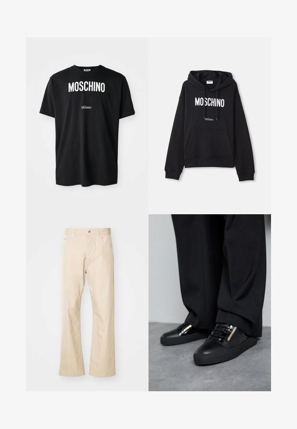 Čierna mikina s kapucňou vyrobená z kombinácie bavlny, s klokanieškovým vreckom, sťahovacou kapucňou a bielym potlačením "MOSCHINO Milano" na prednej strane.; Čierne bavlnené tričko s okrúhlym výstrihom. Obsahuje výrazný biely text: "MOSCHINO" hore a "Milano" dole. Jednoduchý, klasický dizajn.; Béžové nohavice vyrobené z bavlny, s priamym strihom, dvoma prednými vreckami, pútkami na opasok a kovovým zapínaním.; Čierne kožené tenisky s lesklými akcentmi, textúrovanými šnúrkami a zipsom; v kombinácii s tmavými, voľnými nohavicami na šedé podlahe.