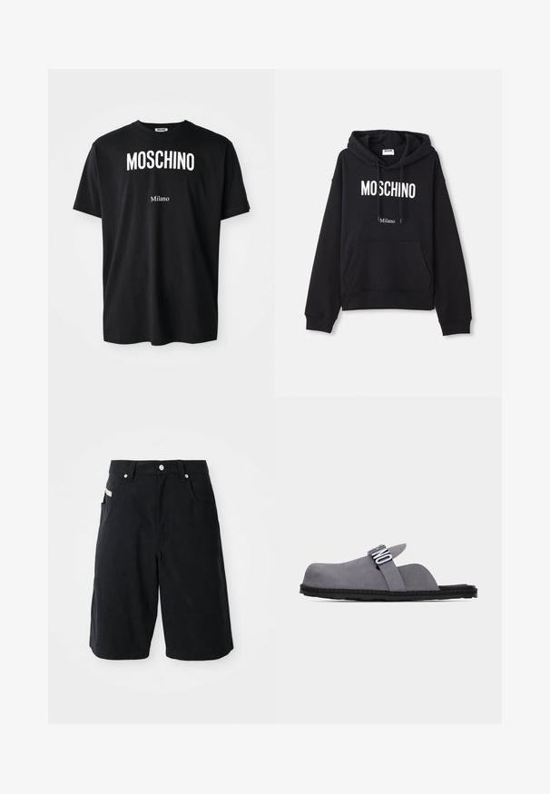Schwarzer Hoodie aus einem Baumwollmischgewebe, mit Kängurutasche, Kapuze mit Kordelzug und weißem "MOSCHINO Milano"-Druck auf der Vorderseite.; Schwarzes Baumwoll-T-Shirt mit rundem Halsausschnitt. Mit fettem weißen Text: "MOSCHINO" oben und "Milano" unten. Einfaches, klassisches Design.; Schwarze Baumwollshorts mit lockerer Passform, ausgestattet mit Vordertaschen, einem Taillenbund mit Gürtelschlaufen und einem kleinen Etikett an der Seite.; Grauer Slip-On-Clog aus Wildleder mit offenem Rücken und oberem Riemen mit schwarzem und weißem "UNO"-Schriftzug, schwarze Sohle auf weißem Hintergrund.
