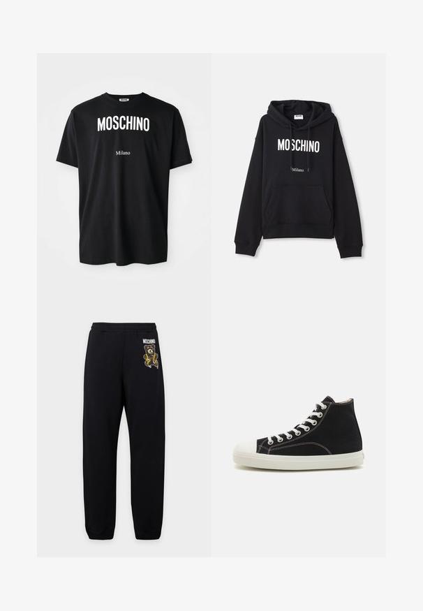 Sudadera negra hecha de una mezcla de algodón, con un bolsillo tipo canguro, capucha con cordones y estampado en blanco "MOSCHINO Milano" en la parte delantera.; Camiseta de algodón negra con cuello redondo. Presenta un texto blanco en negrita: "MOSCHINO" arriba y "Milano" abajo. Diseño simple y clásico.; Pantalones de chándal negros con cintura elástica, con un pequeño oso de peluche y el logo "Moschino" en el muslo izquierdo.; Zapatillas negras de caña alta hechas de lona con suela y puntera de goma blanca. Cuenta con cordones blancos y detalles de costura en contraste.