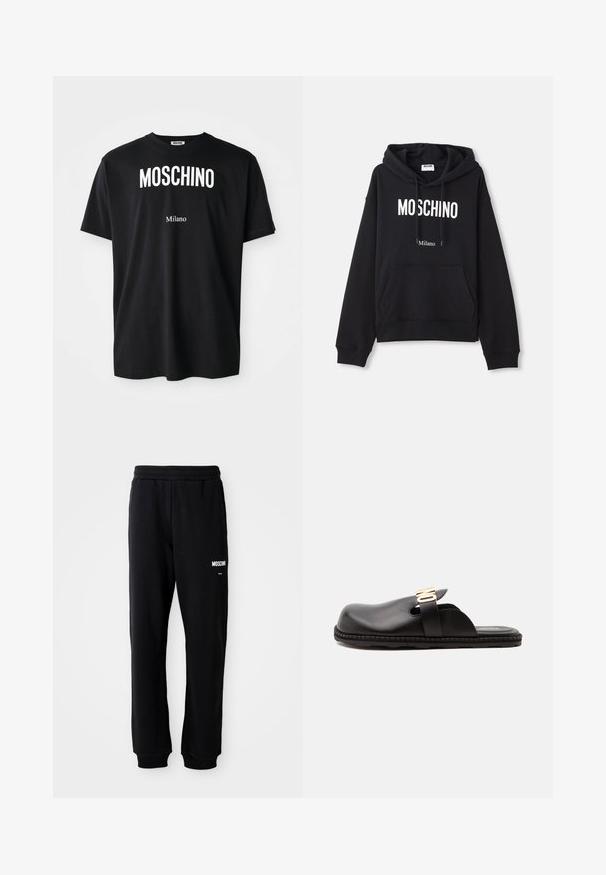 Čierna mikina s kapucňou vyrobená z kombinácie bavlny, s klokanieškovým vreckom, sťahovacou kapucňou a bielym potlačením "MOSCHINO Milano" na prednej strane.; Čierne bavlnené tričko s okrúhlym výstrihom. Obsahuje výrazný biely text: "MOSCHINO" hore a "Milano" dole. Jednoduchý, klasický dizajn.; Čierne tepláky s relaxed fit strihom, vyrobené z mäkkého materiálu. Majú elastický pás a biele logo "Moschino" na ľavom stehne.; Čierna kožená slip-on obuv s hrubou podrážkou a širokým remienkom s zlatými písmenami "NO" cez hornú časť.