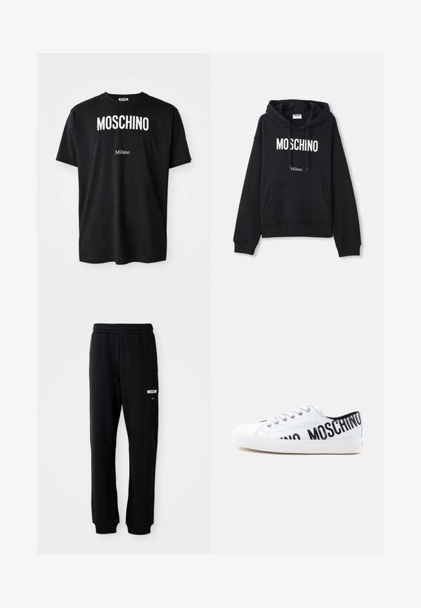 Schwarzer Hoodie aus einem Baumwollmischgewebe, mit Kängurutasche, Kapuze mit Kordelzug und weißem "MOSCHINO Milano"-Druck auf der Vorderseite.; Schwarzes Baumwoll-T-Shirt mit rundem Halsausschnitt. Mit fettem weißen Text: "MOSCHINO" oben und "Milano" unten. Einfaches, klassisches Design.; Schwarze Jogginghose mit lockerer Passform, aus weichem Stoff. Mit elastischem Bund und weißem "Moschino"-Logo auf dem linken Oberschenkel.; Weißer Sneaker flach mit weißen Schnürsenkeln und schwarzem "MOSCHINO"-Text teilweise sichtbar an der Seite und Ferse.