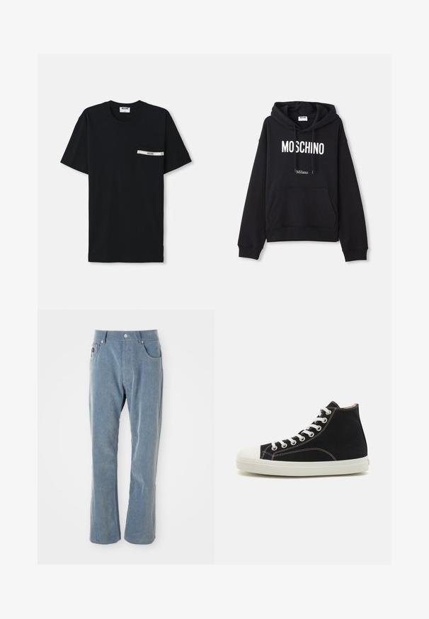 Čierna mikina s kapucňou vyrobená z kombinácie bavlny, s klokanieškovým vreckom, sťahovacou kapucňou a bielym potlačením "MOSCHINO Milano" na prednej strane.; Čierne bavlnené tričko s krátkymi rukávmi, okrúhlym výstrihom a ľavým vreckom, ktoré má biely pruh a logo.; Svetlomodré kordové nohavice s gombíkovým a zipsovým uzáverom, prednými vreckami a rovnými nohavicami na bielom pozadí.; Čierne vysoké tenisky vyrobené z plátna s bielou gumovou podrážkou a kapcom. Obsahujú biele šnúrky a kontrastné šitie.