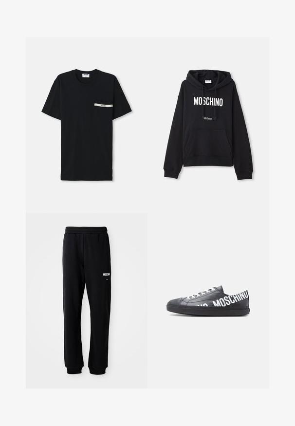 Must must kootesegust koosneb puuvilla segust, esiosas on kangaroopocket, kuppel, millel on pael ja valge "MOSCHINO Milano" trükk.; Mustmust värvi puuvillane T-särk lühikeste varrukatega, ümmargune kaelus ning vasakul pool tasku, millel on valge triip ja logo detail.; Mustad mustad, lõdva lõikega, pehmest kangast. Omab elastset vöökohta ja valget "Moschino" logo vasakul reiel.; Mustad madala otsaga toss, valgete paeltega ja külje ning kanna ääres suurelt valgete tähtedega print "MOSCHINO".