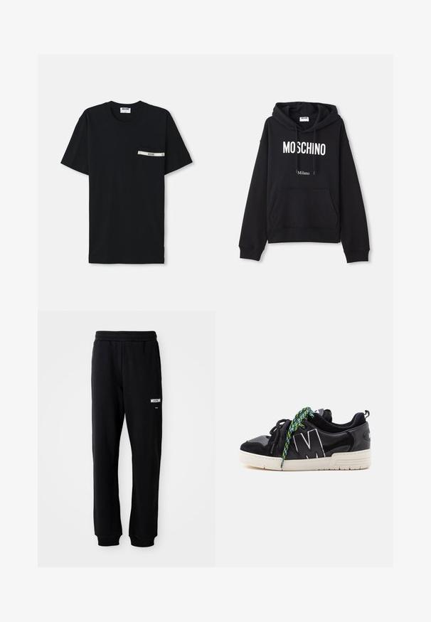 Sort hættebluse lavet af en bomuldsblandingsstof, med lomme foran, snørret hætte og hvid "MOSCHINO Milano" tryk på forsiden.; Sort bomulds T-shirt med korte ærmer, rund halsudskæring og en venstre lomme med en hvid stribe og logo detalje.; Sorte sweatpants med en afslappet pasform, lavet af blødt stof. Har en elastisk talje og hvidt "Moschino" logo på venstre lår.; Sort lavtop sneaker med hvid sål, stort hvidt omrids "M" på siden og mismatchede sorte og grønne mønstrede snørebånd.
