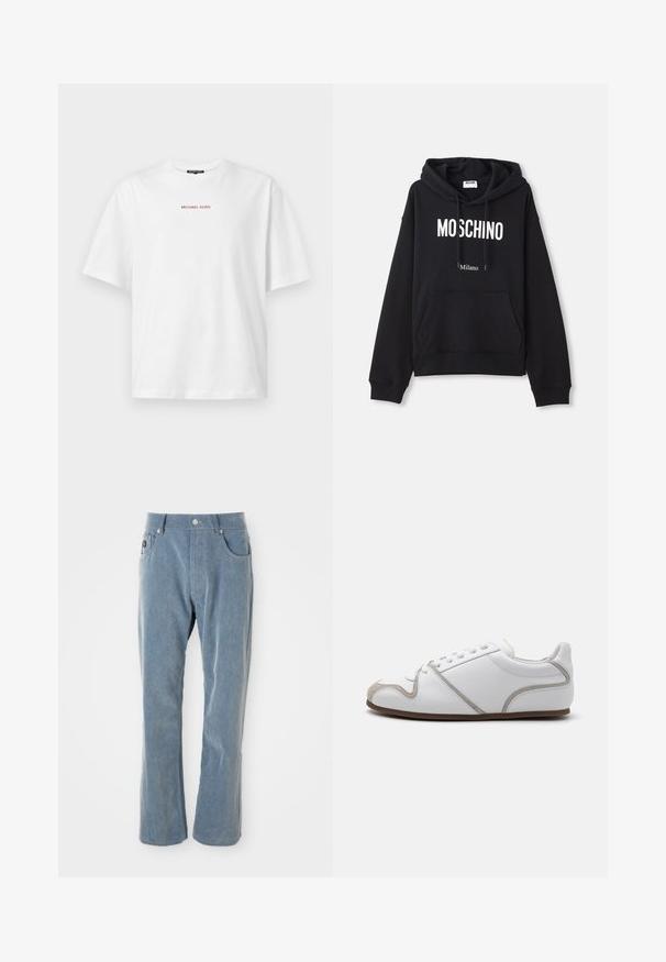 Zwarte hoodie van een katoenmix, met een kangoeroe-pocket, een capuchon met trekkoord en een witte print van "MOSCHINO Milano" op de voorkant.; Wit T-shirt met korte mouwen en ronde hals, met kleine rode "MICHAEL KORS" tekst gecentreerd op de borst.; Lichtblauwe corduroy broek met knoop- en ritssluiting, voorzakken en rechte pijpen op witte achtergrond.; Witte sneaker met een glad leren bovenwerk, grijze suède accenten en een eenvoudig vetersysteem. Antislip bruine rubberen zool; minimalistische styling.