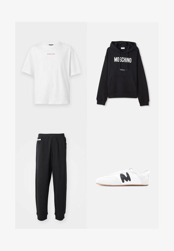 Zwarte hoodie van een katoenmix, met een kangoeroe-pocket, een capuchon met trekkoord en een witte print van "MOSCHINO Milano" op de voorkant.; Wit T-shirt met korte mouwen en ronde hals, met kleine rode "MICHAEL KORS" tekst gecentreerd op de borst.; Zwarte sweatpants van zachte stof, met een elastische tailleband, zijzakken en geribbelde boorden bij de enkels. Minimalistisch ontwerp.; Witte lage sneaker met zwart "M"-logo aan de zijkant en lichtbruine zool, gezien vanaf de buitenkant tegen een effen achtergrond.