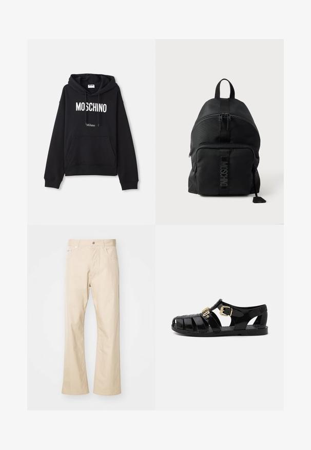 Zwarte hoodie van een katoenmix, met een kangoeroe-pocket, een capuchon met trekkoord en een witte print van "MOSCHINO Milano" op de voorkant.; Beige broek van katoen, met een rechte pijp, twee voorkruiden, ceintuurlussen en een metalen knoopsluiting.; Zwarte rubberen sandalen met uitsnijdingen, voorzien van een gouden gesp-sluiting en een textuur inlegzool. Afgedrukt logo op de hak.; Zwarte Moschino rugzak met bovenhandvat, ritssluiting voorvak en zichtbaar logo op het bandje van het voorvak tegen een effen lichte achtergrond.
