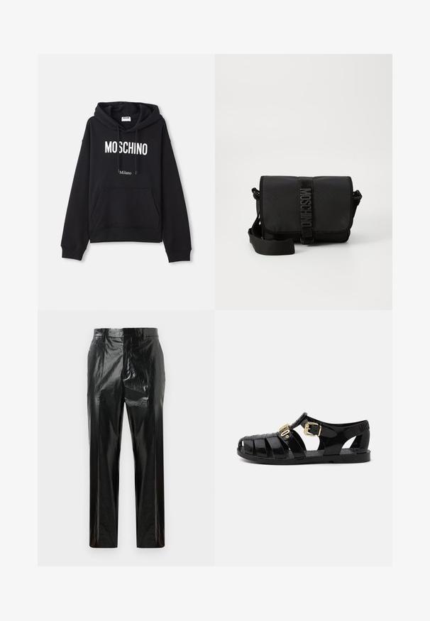 Hoodie noir en tissu mélangé coton, doté d'une poche kangourou, d'une capuche avec cordon de serrage, et d'un imprimé blanc "MOSCHINO Milano" à l'avant.; Pantalons en vinyle noir brillant à jambes droites, avec passants de ceinture, fermeture frontale dissimulée et détail de pli pressé.; Sandales en caoutchouc noir avec design découpé, dotées d'une fermeture à boucle dorée et d'une semelle intérieure texturée. Logo frappé sur le talon.; Sac bandoulière noir en nylon avec rabat, doté d'une fermeture à bande logo proéminente, d'une bandoulière réglable et de détails de surpiqûres sur les côtés.