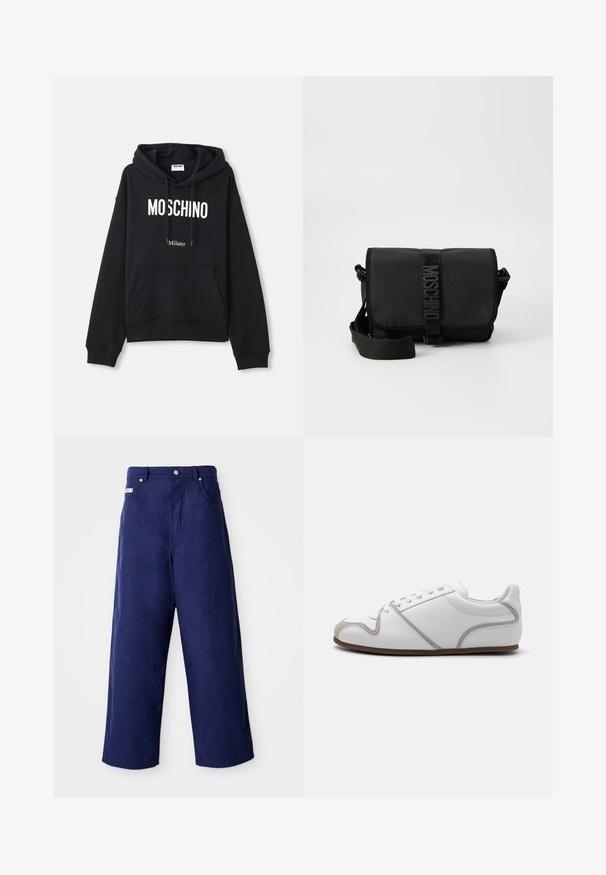 Schwarzer Hoodie aus einem Baumwollmischgewebe, mit Kängurutasche, Kapuze mit Kordelzug und weißem "MOSCHINO Milano"-Druck auf der Vorderseite.; Weite Hosen in Marineblau, aus weichem Stoff gefertigt. Mit einem Knopfverschluss und Fronttaschen, in einem klaren Finish ohne sichtbare Muster.; Weiße Sneaker mit einem Obermaterial aus glattem Leder, grauen Suede-Akzenten und einem schlichten Schnürdesign. Rutschfeste braune Gummisohle; minimalistische Gestaltung.; Schwarze Nylon-Crossbody-Tasche mit Klappe, ausgestattet mit einem auffälligen Logo-Gurtverschluss, verstellbarem Tragegurt und seitlichen Steppnähten.