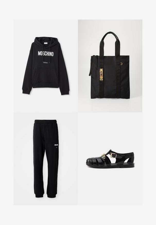 Čierna mikina s kapucňou vyrobená z kombinácie bavlny, s klokanieškovým vreckom, sťahovacou kapucňou a bielym potlačením "MOSCHINO Milano" na prednej strane.; Čierne tepláky s relaxed fit strihom, vyrobené z mäkkého materiálu. Majú elastický pás a biele logo "Moschino" na ľavom stehne.; Čierne gumové šľapky s výrezovým dizajnom, s prackou zlaté farby a textúrovanou stielkou. Logo vyrazené na päte.; Čierna taška cez rameno vyrobená z hladkej tkaniny s dvoma čiernymi popruhmi, s zlatým logom "MOSCHINO" a so zipsom na vrchu.