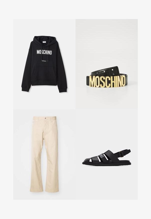 Čierna mikina s kapucňou vyrobená z kombinácie bavlny, s klokanieškovým vreckom, sťahovacou kapucňou a bielym potlačením "MOSCHINO Milano" na prednej strane.; Béžové nohavice vyrobené z bavlny, s priamym strihom, dvoma prednými vreckami, pútkami na opasok a kovovým zapínaním.; Čierna kožená rybárska sandála s nastaviteľným remienkom na pracku a elastickým pásikom s nápisom "MOSCHINO" na boku, s plochou podrážkou.; Čierny kožený opasok s krokodílou textúrou a veľkým zlatým logom "MOSCHINO" ako sponou. Obsahuje viacero nastavovacích dierok.