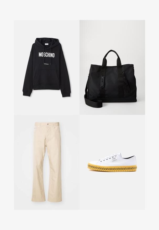 Must must kootesegust koosneb puuvilla segust, esiosas on kangaroopocket, kuppel, millel on pael ja valge "MOSCHINO Milano" trükk.; Beige puuvillased püksid, otse jalaga disainiga, kahe esitasku, vööde jaoks silmade ja metallnuppkinnitusega.; Valged madalad lõuatsõnumid valgete paelte ja kollase tallaga, mis on disainitud mõõdulindi nägemiseks suuruse märgistustega.; Must must koti kott, millel on kaks pealmist kandmisrihma, reguleeritav õlarihm ja sisse pressitud logo detailid. Sile tekstuur koos sildiga.