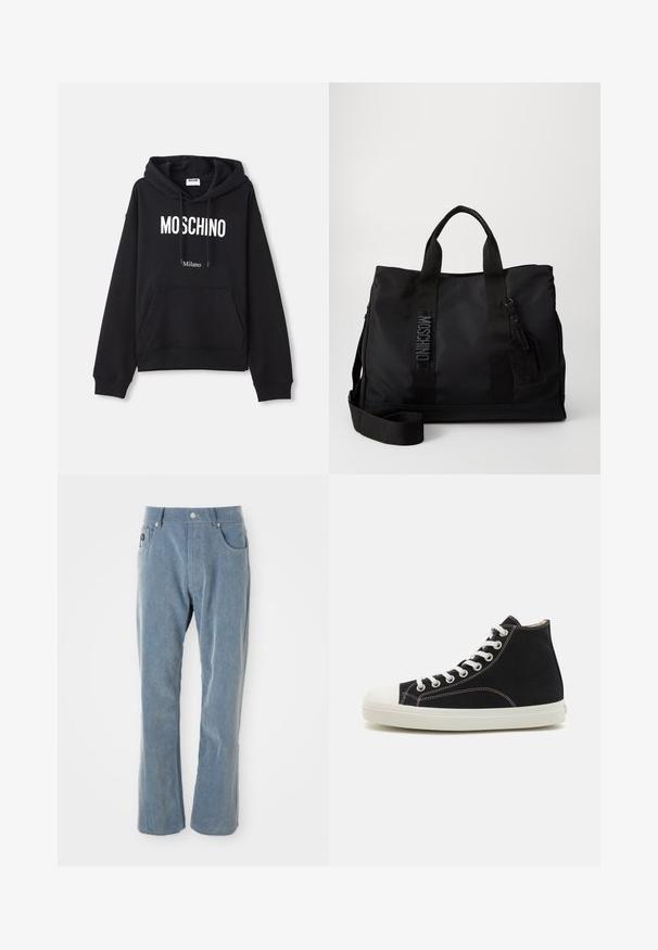 Hoodie noir en tissu mélangé coton, doté d'une poche kangourou, d'une capuche avec cordon de serrage, et d'un imprimé blanc "MOSCHINO Milano" à l'avant.; Pantalon en velours côtelé bleu clair avec fermeture à bouton et à glissière, poches avant et jambes droites sur fond blanc.; Baskets montantes noires en toile avec semelle et capuchon en caoutchouc blancs. Elles présentent des lacets blancs et des détails de couture contrastants.; Sac fourre-tout en nylon noir avec double anses supérieures, bandoulière réglable et détails de logo gaufré. Texture lisse avec une étiquette attachée.