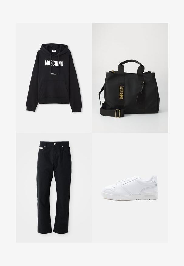 Schwarzer Hoodie aus einem Baumwollmischgewebe, mit Kängurutasche, Kapuze mit Kordelzug und weißem "MOSCHINO Milano"-Druck auf der Vorderseite.; Schwarze Baumwollhosen mit geradem Bein, fünf Taschen, silbernen Akzenten und einer subtilen strukturierten Oberfläche.; Weißer Sneaker mit niedrigem Schaft, Schnürdesign, glattem synthetischem Obermaterial und gemusterter Gummisohle auf einfachem hellem Hintergrund.; Schwarze Moschino-Tote-Tasche mit doppelten Griffen, verstellbarem Schultergurt, goldener Logo-Schriftzug und angehängtem schwarzen Gepäckanhänger auf neutralem Hintergrund.