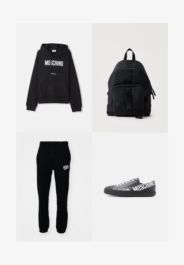 Schwarzer Hoodie aus einem Baumwollmischgewebe, mit Kängurutasche, Kapuze mit Kordelzug und weißem "MOSCHINO Milano"-Druck auf der Vorderseite.; Schwarze Fleece-Jogginghosen mit elastischem Bund und Bündchen. Mit einem weißen Logo auf dem linken Oberschenkel. Glatte Textur, lockere Passform.; Schwarzer Sneaker mit niedrigem Schaft, weißen Schnürsenkeln und "MOSCHINO" in großen weißen Buchstaben seitlich entlang der Seite und Ferse gedruckt.; Schwarzer Moschino Nylon-Rucksack mit vorderer Reißverschlusstasche und Tragegriff oben auf weißem Hintergrund.