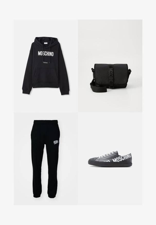 Sudadera negra hecha de una mezcla de algodón, con un bolsillo tipo canguro, capucha con cordones y estampado en blanco "MOSCHINO Milano" en la parte delantera.; Pantalones jogger de felpa negra con cintura elástica y puños. Presentan un logo blanco en el muslo izquierdo. Textura suave, corte relajado.; Zapatilla deportiva negra de corte bajo con cordones blancos y "MOSCHINO" impreso en grandes letras blancas a lo largo del lateral y el talón.; Bolso cruzado negro de nailon con solapa, que cuenta con un cierre de cinta con logo prominente, correa ajustable y detalles de costura lateral.