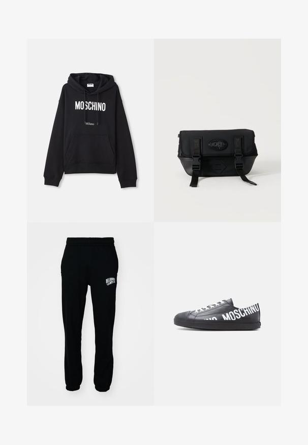 Schwarzer Hoodie aus einem Baumwollmischgewebe, mit Kängurutasche, Kapuze mit Kordelzug und weißem "MOSCHINO Milano"-Druck auf der Vorderseite.; Schwarze Fleece-Jogginghosen mit elastischem Bund und Bündchen. Mit einem weißen Logo auf dem linken Oberschenkel. Glatte Textur, lockere Passform.; Schwarzer Sneaker mit niedrigem Schaft, weißen Schnürsenkeln und "MOSCHINO" in großen weißen Buchstaben seitlich entlang der Seite und Ferse gedruckt.; Schwarze Moschino Umhängetasche mit Frontklappe, zwei Schnallenriemen und Logo-Patch auf einem schlichten hellen Hintergrund.