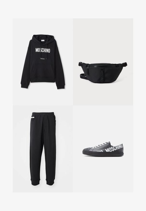 Hoodie noir en tissu mélangé coton, doté d'une poche kangourou, d'une capuche avec cordon de serrage, et d'un imprimé blanc "MOSCHINO Milano" à l'avant.; Pantalons de survêtement noirs en tissu doux, avec une taille élastique, des poches latérales et des poignets côtelés aux chevilles. Design minimaliste.; Baskets basses noires avec des lacets blancs et "MOSCHINO" imprimé en grandes lettres blanches sur le côté et le talon.; Sac banane noir Moschino avec fermeture éclair frontale et sangle ajustable sur un fond uni clair.