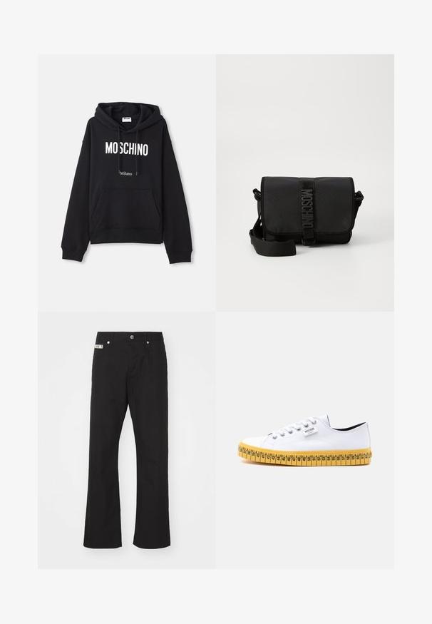 Hoodie noir en tissu mélangé coton, doté d'une poche kangourou, d'une capuche avec cordon de serrage, et d'un imprimé blanc "MOSCHINO Milano" à l'avant.; Pantalons en coton noir avec une coupe droite, dotés d'une fermeture à bouton à l'avant, de deux poches latérales et d'une petite étiquette de marque sur la taille.; Baskets basses en toile blanche avec lacets blancs et semelle jaune, conçues pour ressembler à un ruban à mesurer avec des repères de taille.; Sac bandoulière noir en nylon avec rabat, doté d'une fermeture à bande logo proéminente, d'une bandoulière réglable et de détails de surpiqûres sur les côtés.