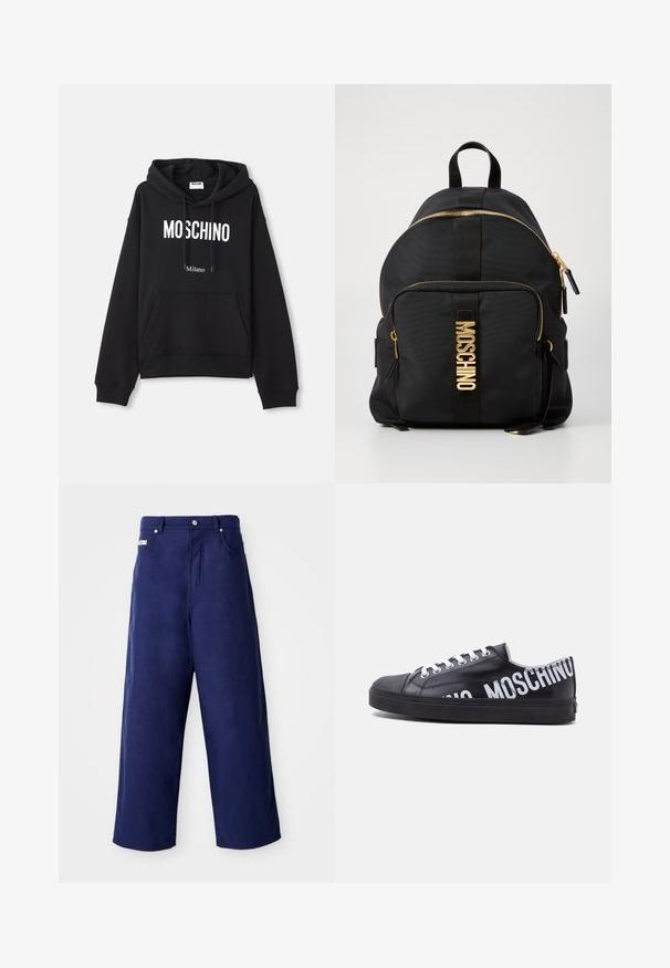 Čierna mikina s kapucňou vyrobená z kombinácie bavlny, s klokanieškovým vreckom, sťahovacou kapucňou a bielym potlačením "MOSCHINO Milano" na prednej strane.; Nadmorské nohavice v námořní modrej farbe, vyrobené z mäkkej látky. Majú uzáver na gombík a predné vrecká, s čistým popodom a bez viditeľných vzorov.; Čierna nízka teniska s bielymi šnúrkami a výrazným bielym textom "MOSCHINO", ktorý obopína pätu a bok.; Čierny nylonový batoh s zakriveným vrchom, zlatým zipsom a logom Moschino vo lesklej zlato. Obsahuje nastaviteľné popruhy a prednú vrecko so zipsom.