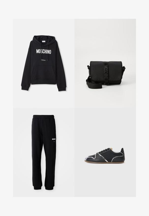 Must must kootesegust koosneb puuvilla segust, esiosas on kangaroopocket, kuppel, millel on pael ja valge "MOSCHINO Milano" trükk.; Mustad mustad, lõdva lõikega, pehmest kangast. Omab elastset vöökohta ja valget "Moschino" logo vasakul reiel.; Mustad madalavõrast jalatsid hõbedaste detailidega, mustade paelte, pruunika sisevoodri ning õhukese pruuni tallaga ühevärvilise helehalli taustal.; Must mustruum kotkas mustast nailonist, millel on klapp, esitleb silmapaistvat logo rihma sulgemist, reguleeritavat rihma ja külgõmbluste üksikasju.