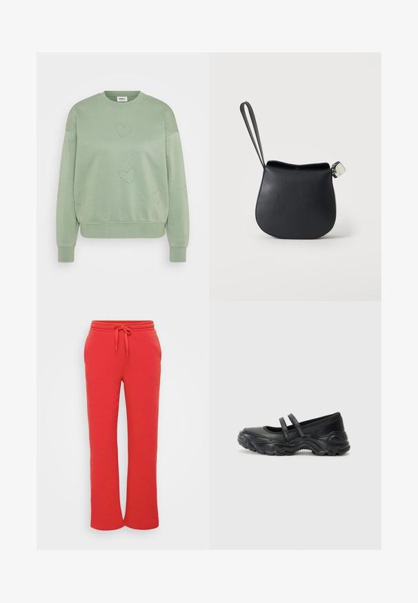 Lys grøn sweatshirt med en afslappet pasform og rund hals. Har prikkede hjerte mønstre og ribbede manchetter, lavet af blødt materiale.; Røde joggebukser lavet af blød bomuld, med en elastisk talje med snøre og et lige ben-design. Glat tekstur.; Sorte læder mary jane flade sko med to justerbare remme, en rund tå og en struktureret gummisål for ekstra greb.; Sort læder håndledspung med rundet bund og sølvspænde på en ensfarvet hvid baggrund.
