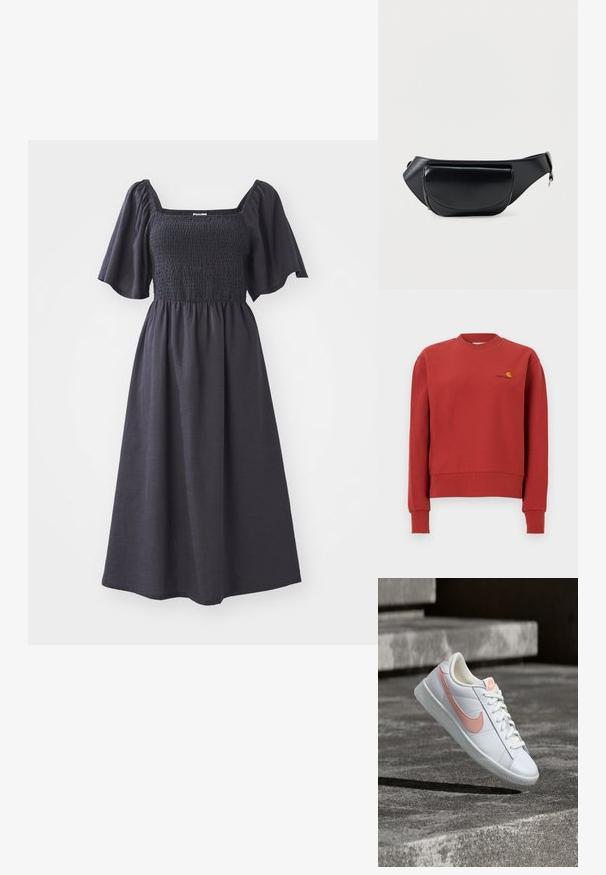Sweat-shirt rouge à col rond avec manches longues et poignets côtelés, arborant un petit logo Carhartt jaune et noir sur la poitrine gauche.; Robe de couleur sombre avec un décolleté carré, un corsage smocké et de courtes manches volantes. La jupe tombe harmonieusement jusqu'à mi-mollet.; Basket blanche basse avec le logo Nike rose clair, lacets et semelle, positionnée en angle au-dessus de marches en béton texturé.; Sac banane en similicuir noir avec une poche avant à rabat et une sangle réglable avec fermeture éclair.
