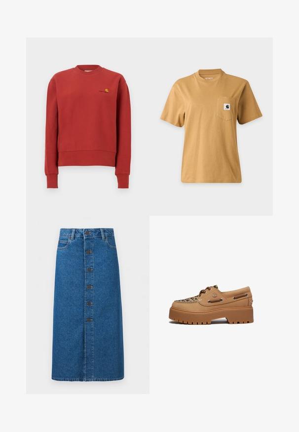 Rød crewneck-sweatshirt med lange ærmer og ribbede manchetter, med en lille gul og sort Carhartt-logo på venstre bryst.; Enkelt brun kortærmet t-shirt med en brystlomme med en firkantet mærkelogo-patch, vist på en ensartet lys baggrund.; Blå denim midi nederdel med knaplukning foran, bæltestropper og sidelommer, vist på en ens hvid baggrund.; Timberland STONE STREET - Sejlersko - medium beige