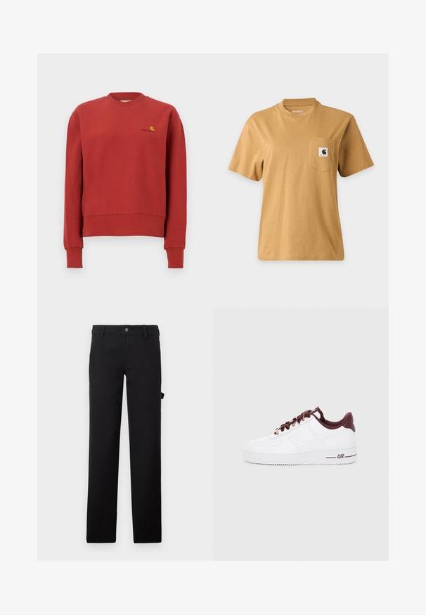 Červená mikina s okrúhlym výstrihom, dlhými rukávmi a rebrovanými manžetami, s malým žlto-čiernym logom Carhartt na ľavej strane hrude.; Jednoduché hnedé tričko s krátkym rukávom a náprsným vreckom s obdĺžnikovou náplasťou s logom značky, zobrazené na jednoduchom svetlom pozadí.; Čierne nohavice z hladkej látky, navrhnuté s rovnými nohavicami, zapínaním na gombík a bočnou kapsou.; Biele kožené tenisky s tmavočervenými akcentmi, s okrúhlymi šnúrkami, polstrovaným golierom a textúrovanou gumovou podrážkou. Na boku je potlač "AIR".