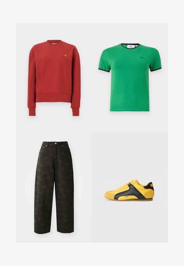 Červená mikina s okrúhlym výstrihom, dlhými rukávmi a rebrovanými manžetami, s malým žlto-čiernym logom Carhartt na ľavej strane hrude.; Zelené tričko s krátkym rukávom s čiernym lemovaním na rukávoch a golieri, malým čiernym logom "obey" na ľavej hrudi.; Tmavozelené široké nohavice s textúrovaným kvetinovým vzorom, päť vreciek a kovovými gombíkmi na zapínanie v páse.; Žlté tenisky s čiernym koženým bočným panelom, textúrovaným textilným zvrškom, okrúhlou špičkou a gumovou podrážkou, s logom na boku.