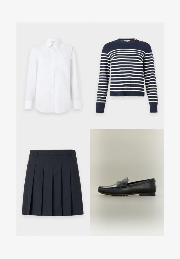 Marineblauer gestreifter Pullover mit horizontalen weißen Streifen. Gerippter Kragen und Bündchen, mit vier goldfarbenen Knopfakzenten an der linken Schulter.; Weißes Langarmhemd aus glattem Stoff, mit durchgehender Knopfleiste, klassischem Kragen und abgerundetem Saum mit geknöpften Manschetten.; Dunkelblauer, plissierter Rock mit flachem Bund, aus glattem Stoff gefertigt. Verfügt über mehrere vertikale Falten und einen maßgeschneiderten Schnitt.; Schwarzer Lederloafer mit Mokassinnaht, niedrigem Absatz und goldfarbenem Metall-Detail am Riemen, im Profil auf beigem Hintergrund gezeigt.
