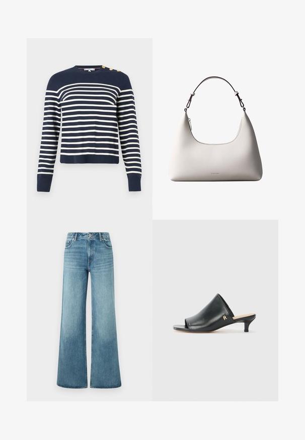 Marineblauwe gestreepte trui met horizontale witte strepen. Geribbelde halslijn en manchetten, met vier gouden knopenaccenten op de linkerschouder.; Lichtblauwe wijde jeans van denim, met een hoge taille, vijf-pocket design en subtiele vervaging op de benen.; Zwarte leren open teen muiltjes met een lage hak. Heeft een glad oppervlak en een gouden logo accent aan de zijkant.; Romige Calvin Klein leren schoudertas met gebogen bovenrand, zilveren rits en donkerbruine verstelbare riem.