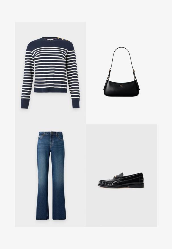 Mørkeblå stribet sweater med horisontale hvide striber. Ribbet halsudskæring og manchetter, prydet med fire guldknapdetaljer på venstre skulder.; Flare jeans i en medium blå vask, med et klassisk fem-lomme design, knaplukning og en let slidt tekstur.; Sorte læder loafers med rund tå, dekorativ sying og en lille gul accent på vampen. Flad gummisål, slankt design.; Sort læder mini skuldertaske med tynd rem og lille gyldent CK-logo på fronten i midten.