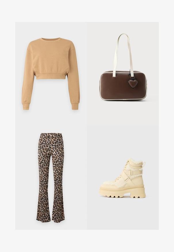 Cropped sweatshirt in lichtbruin, gemaakt van zacht stof. Heeft lange mouwen, een ronde halslijn en subtiele elastiek bij de boorden en de zoom.; Leporelloprint uitlopende broek in zandkleur en zwart, gemaakt van zachte stof met een gladde textuur, met een aansluitende taille en uitlopende zoom.; Beige enkelboots met een textuur van schapenvacht aan de voorkant en glad leren zijkanten. Chunky rubberen zool met diepe groeven en verstelbare riemen.; Bruine handtas van imitatieleer met witte biezen, rechthoekige vorm, korte handvatten en een decoratief hartvormig label eraan bevestigd.