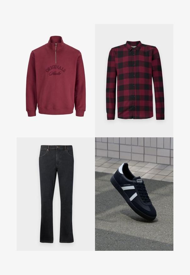 Burgunderfarbene Zip-Hoodie mit hohem Kragen, gerippten Bündchen und gesticktem "Originals Studio"-Text auf der Vorderseite. Weiches, strukturiertes Material.; Langarm-Hemd mit rot-schwarz kariertem Muster, klassischem Kragen und taillierten Manschetten.; Dunkelblaue Jeans aus Denim mit geradem Schnitt, ausgestattet mit fünf Taschen, kontrastierendem Nähen und leichtem Schlag am Saum.; Schwarze Leder-Sneaker mit weißen Streifen, strukturiertem Gummisohle und Schnürung. Verfügt über ein Markenetikett auf der Zunge.