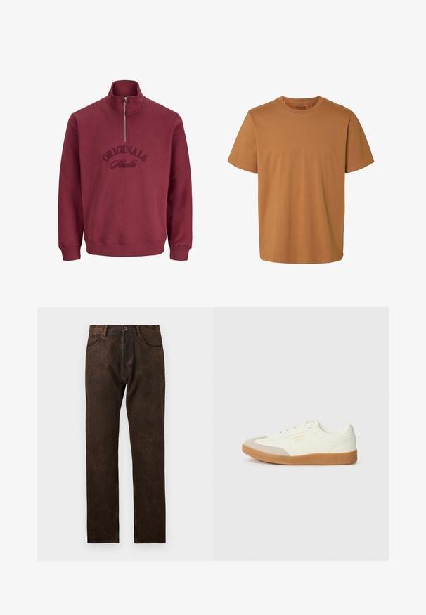 Bordeaux ritsweater met een hoge kraag, geribde manchetten en geborduurde tekst "Originals Studio" op de voorkant. Zachte, gestructureerde stof.; Effen bruine katoenen T-shirt met korte mouwen, ronde hals en normale pasvorm, met het label "Selected Homme" aan de binnenkant van de kraag.; Bruine denim jeans met een licht verouderde textuur, recht model, vijf zakken en een knoopsluiting in de taille.; Schoen gemaakt van wit leer met een beige teenkap en een lichtbruine rubberen zool. Voorzien van platte witte veters en reliëfbranding aan de zijkant.