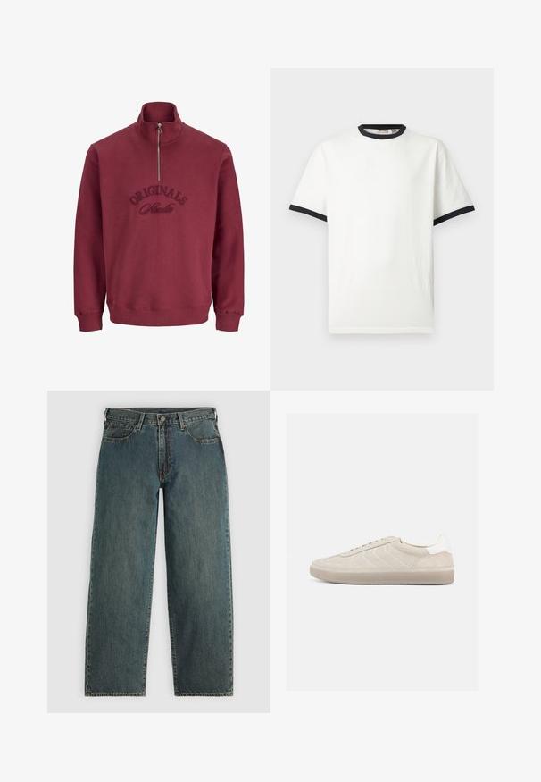 Bordeaux ritsweater met een hoge kraag, geribde manchetten en geborduurde tekst "Originals Studio" op de voorkant. Zachte, gestructureerde stof.; Witte T-shirt met korte mouwen en zwarte rand aan de ronde hals en mouwboorden, afgebeeld op een effen lichtgrijze achtergrond.; Diepblauwe recht gesneden denim jeans met een knoop- en ritsluiting, voorzakken en riemlussen op een lichtgrijze achtergrond.; Beige suède sneaker met een gestructureerd bovenwerk, een gladde witte hielkap, dunne veters en een rubberen buitenzool. Heeft een slank, laag profiel.
