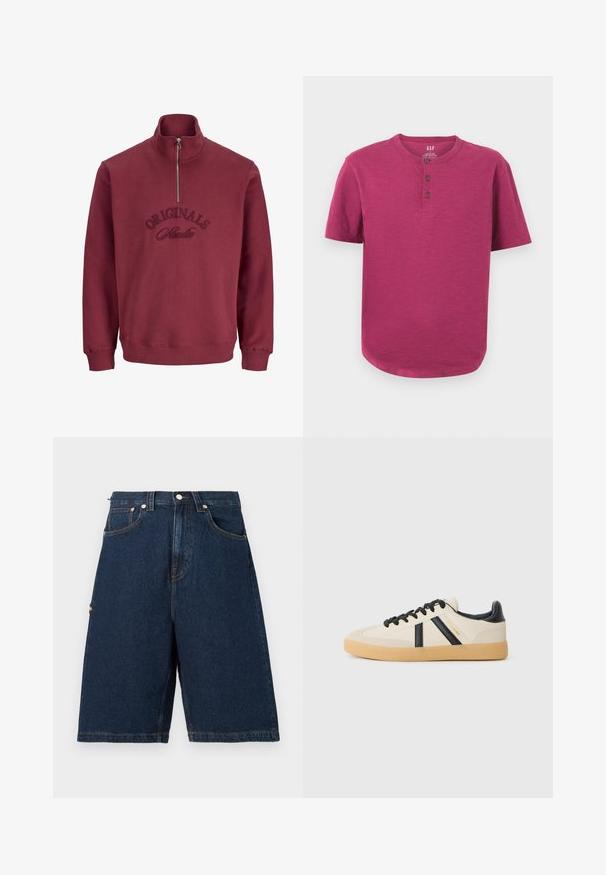 Sudadera burdeos con cremallera y cuello alto, puños acanalados y bordado de "Originals Studio" en el frente. Tela suave y texturizada.; Camiseta henley de manga corta en un vibrante color magenta. Presenta un cuello redondo, tapeta de tres botones y un dobladillo ligeramente curvado. Textura suave.; Pantalones cortos de mezclilla azul oscuro con un corte holgado, que cuentan con dos bolsillos frontales y un bolsillo trasero, terminados con detalles de costura en naranja.; Zapatillas casuales en crema con rayas negras, con parte superior texturizada y suela de goma. Los cordones son negros. Logo sutil en el costado.