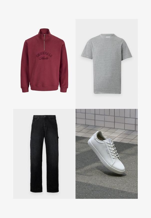 Burgunderfarbene Zip-Hoodie mit hohem Kragen, gerippten Bündchen und gesticktem "Originals Studio"-Text auf der Vorderseite. Weiches, strukturiertes Material.; Einfarbiges graues T-Shirt mit kurzen Ärmeln und Rundhalsausschnitt mit einem kleinen weißen "ONLY & SONS"-Etikett innen am Kragen.; Schwarze Denim-Jeans mit geradem Bein, ausgestattet mit Fronttaschen, Knopfschluss und seitlichen Taschen für zusätzlichen Stauraum.; Weiße Sneaker aus strukturiertem Leder, mit einer Schnürung vorne, robustem Gummisohle und minimalistisches Design mit verstärkter Zehenkappe.