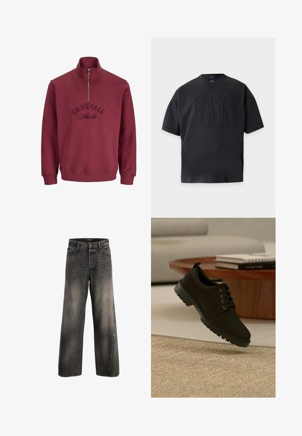 Burgunderfarbene Zip-Hoodie mit hohem Kragen, gerippten Bündchen und gesticktem "Originals Studio"-Text auf der Vorderseite. Weiches, strukturiertes Material.; Schwarzes T-Shirt mit kurzen Ärmeln und Rundhalsausschnitt mit geprägt aufgeprägtem GAP-Logo auf der Brust und einem kleinen dreieckigen Nahtdetail unterhalb des Halsausschnitts.; Hochtaillierte, weit geschnittene schwarze, ausgewaschene Jeans mit vorderem Knopf- und Reißverschluss sowie standartmäßigen Fronttaschen.; Schwarzer Leder-Schnürschuh mit klobiger Sohle, der über einem beigen Teppich in einem minimalistischen Wohnzimmer schwebt