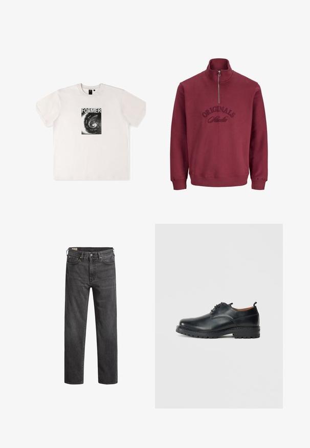 Bordeaux ritsweater met een hoge kraag, geribde manchetten en geborduurde tekst "Originals Studio" op de voorkant. Zachte, gestructureerde stof.; Wit katoenen t-shirt met korte mouwen, voorzien van een zwart grafisch ontwerp met het woord "FORMER" en een spiraalpatroon aan de voorkant.; Donkergrijze spijkerbroeken met rechte pijpen, vijf zakken en koperen klinknagels. Klassiek ontwerp met een licht vervaagde textuur.; Zwarte leren derby schoenen met een gladde textuur, ronde neus, vetersluiting en een dikke, robuuste rubberen zool.