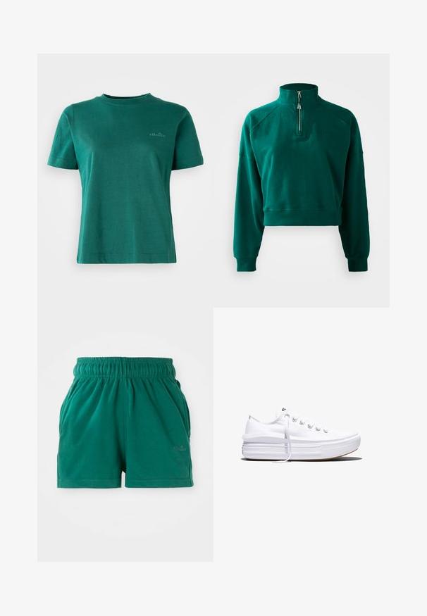 Sudadera corta en verde oscuro, con un cuello de media cremallera, puños acanalados y una textura suave. Logo bordado en el pecho.; Camiseta verde de manga corta, hecha de una tela suave, con escote redondo y un sutil acento de logo en la parte delantera.; Pantalones cortos casuales verdes con cintura elástica, bolsillos laterales y un sutil logo en la pierna delantera derecha.; Zapatilla blanca de lona de perfil bajo con suela gruesa de plataforma, cierre de cordones en el frente y puntera de goma texturizada, mostrada de perfil.